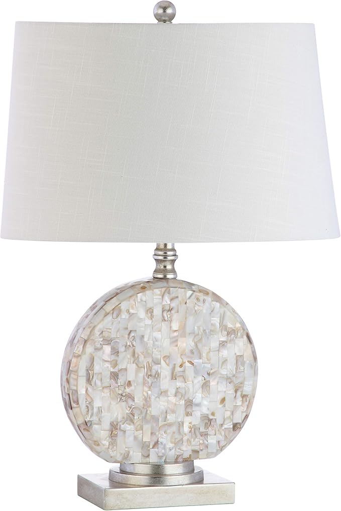 JONATHAN Y 24" Dennis Cream Mother-of-Pearl Seashell Table Lamp, Coastal Traditional Bedside Lamp for Living Room Bedroom, White Linen Drum Shade, LED Bulb Included JYL1050A