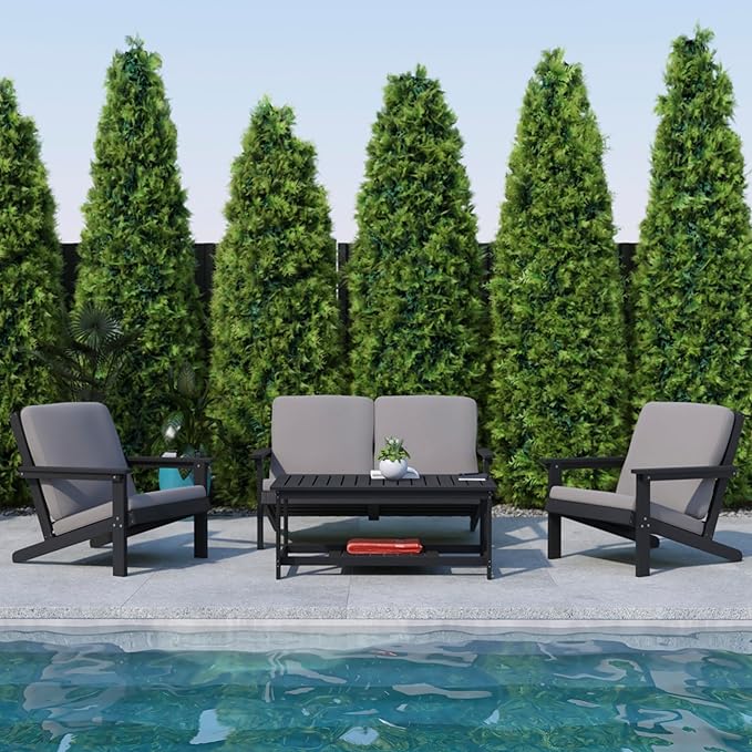 Flash Furniture Charlestown Adirondack Style Deep Seat Patio Loveseat with Cushions - Black Poly Resin Frame - Charcoal All-Weather Cushions - Indoor/Outdoor