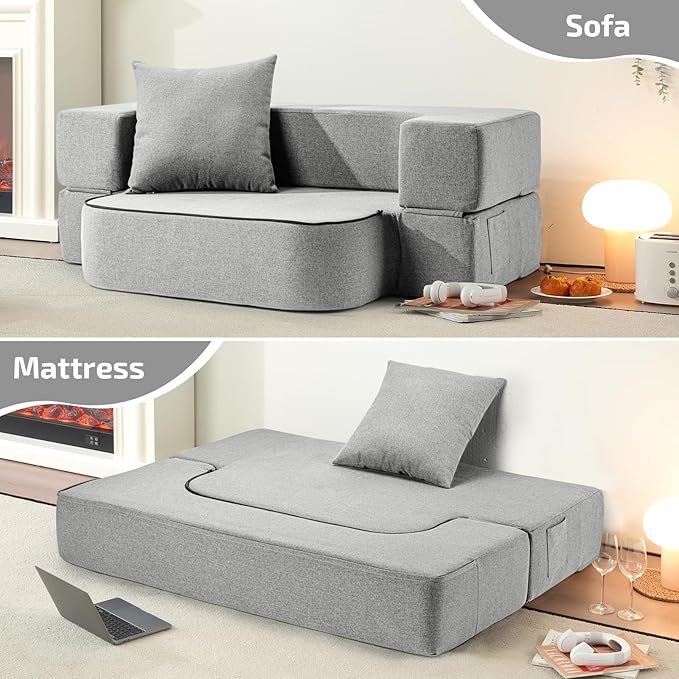 SUYOLS 2-in-1 Folding Sofa Bed with Pillow - Folding Chair Floor Couch & Sleeping Mattress - Washable Cover & Memory Foam Sleeper Chair for Living Room/Guest Room/Apartment/Loft, Light Gray