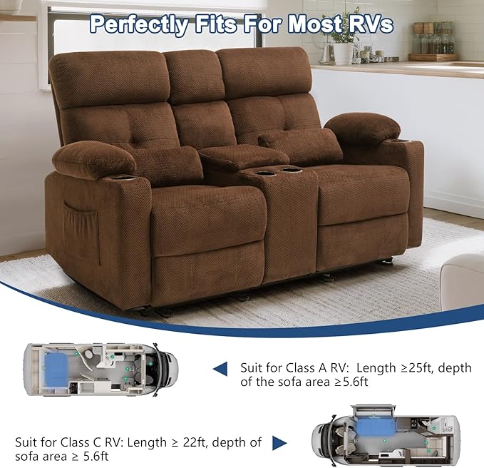 68'' RV Power Reclining Loveseat with Heat and Massage| RV Loveseat Recliner Sofa with Console| Double Reclining Couch with Cup Holder | Loveseat ReclinerTheater Seating(Fabric, Coffee)
