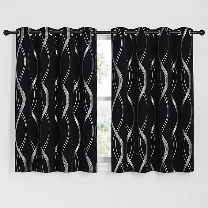 NICETOWN Black Out Window Curtains for Bedroom, Microfiber Noise Reducing Thermal Insulated Wave Line Foil Print Design Blackout Curtains for Office, Classroom (2 Panels, 52 x 54 Inch)