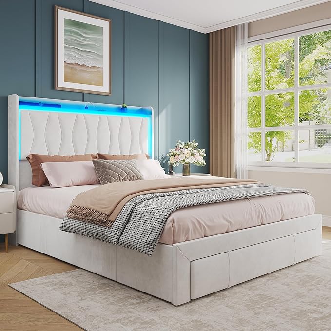 Fameill Full Size Bed Frame with LED Light and 3 Drawers Storage, Upholstered Velvet Platform Bed Frame with Charging Station, Wingback Tall Headboard, No Box Spring Needed, Beige