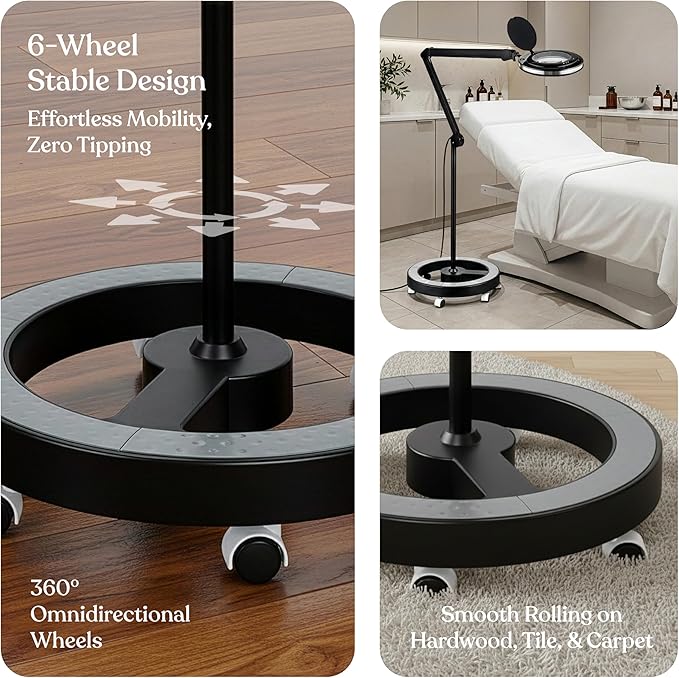 Brightech Lightview Pro Magnifying Glass with Stand & Light, Magnifying Floor Lamp with 6-Wheel Rolling Base for Facials & Lashes – Dimmable LED Work Light for Crafts, Sewing, and Projects - 3 Diopter