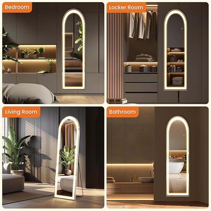 Alpen Arched Full Length Mirror, 61" x 16" Floor Mirror with Stand, Body Floor Mirrors with Dimming & 3 Color Lighting, LED Mirrors for Bedroom, Dressing Room, Cloakroom