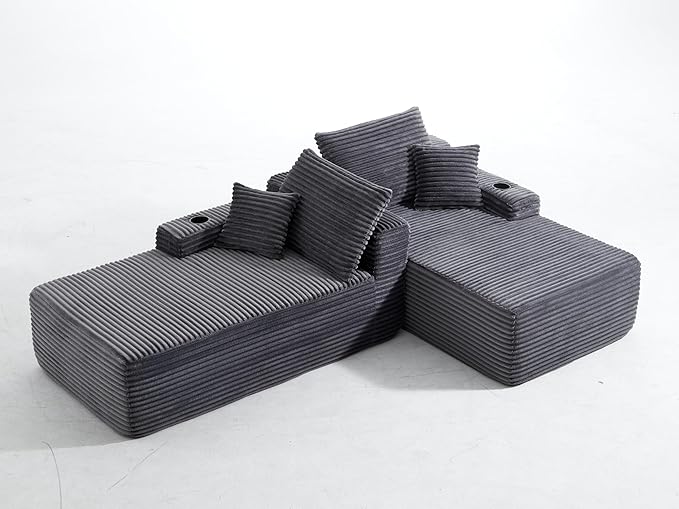 69-Inch Fluffy Corduroy Boneless Sleeper Daybed Loveseat Double Recliner Chaise Lounge Sofa Couches, Floor Cloud Sofa Chaise W/4 Pillows for Home Apartment Living Room