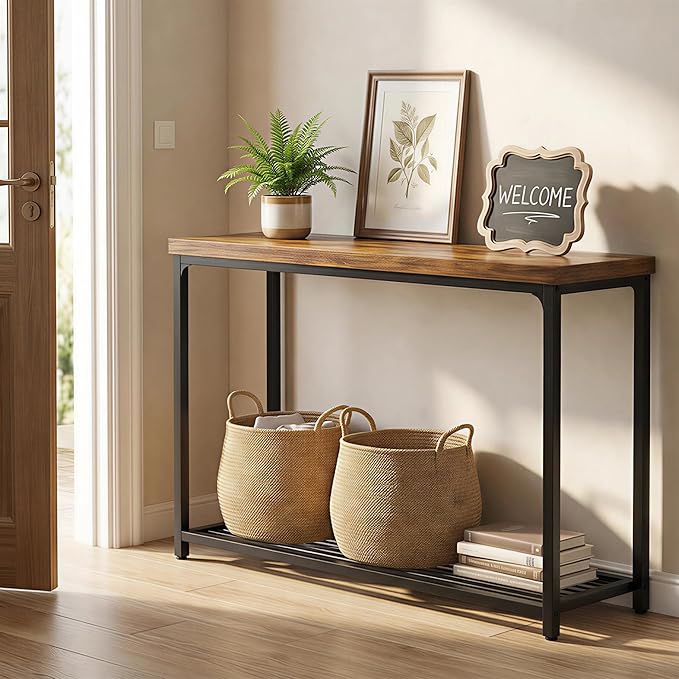 Console Table for Entryway, Narrow Entryway Table with Storage, Sofa Table with Mesh Shelves, Console Tables for Living Room, Bedroom, Hallway, Foyer (2 Tier, Rustic Brown, 47 inch)