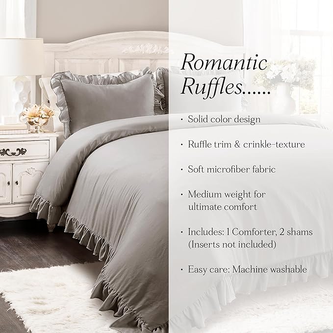 Lush Decor Reyna Ruffle Comforter Set - 3 Piece Cozy Ruffled Bedding Set - Timeless Elegance and Comfort for Dorm Room - Full/ Queen, Gray