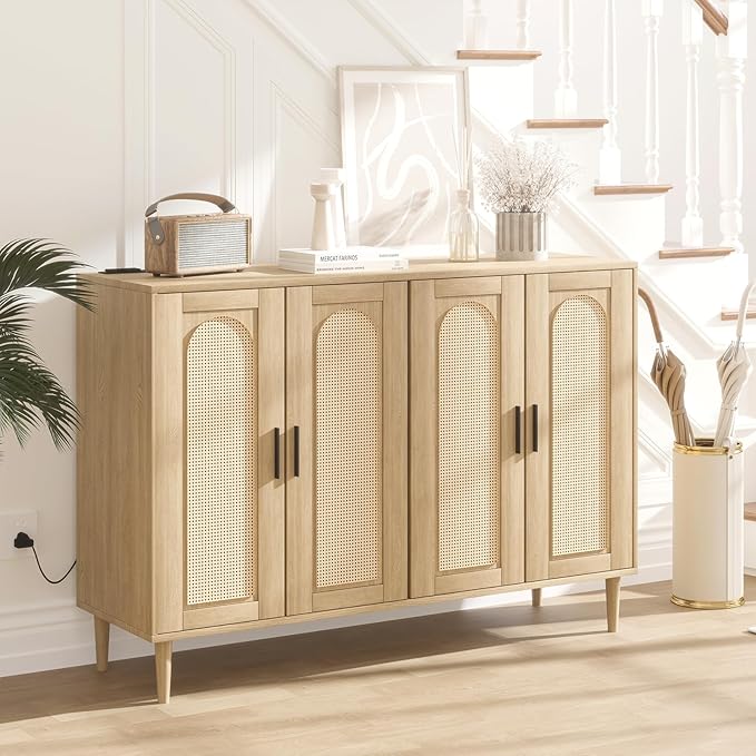 Rattan Sideboard Buffet Cabinet, Boho Accent Storage Cabinet, 4 Doors Console Table Coffee Bar with Power Outlet, Adjustable Shelves for Kitchen, Dining Room, Hallway, Living Room