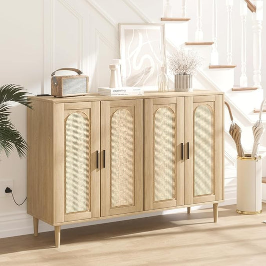 Rattan Sideboard Buffet Cabinet, Boho Accent Storage Cabinet, 4 Doors Console Table Coffee Bar with Power Outlet, Adjustable Shelves for Kitchen, Dining Room, Hallway, Living Room