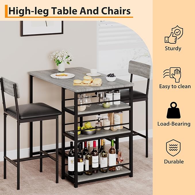 GAOMON 3-Piece Bar Table Set with 2 Upholstered Stools, Space-Saving Counter Height Dining Set with 3-Tier Storage Shelves,Sturdy Steel Frame, Easy Assembly for Small Kitchens, Retro Grey