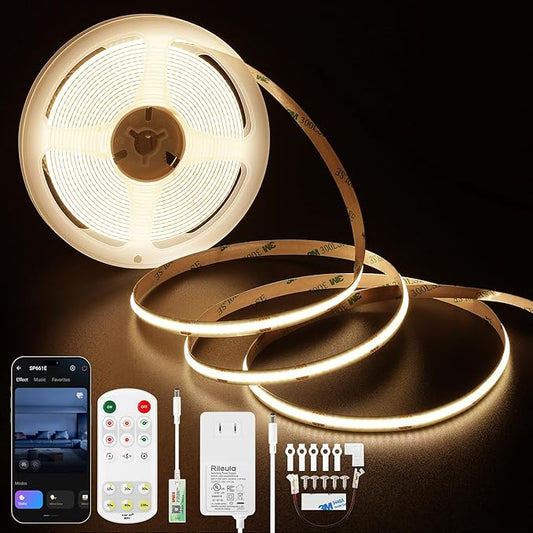 COB LED Strip Lights 4000K Natural White Music Sync Bluetooth LED Lights with DC24V Adapter Remote Smart App Control 16.4ft/5m CRI90+ Touchable LED Rope Lights for Bedroom Kitchen DIY Decor