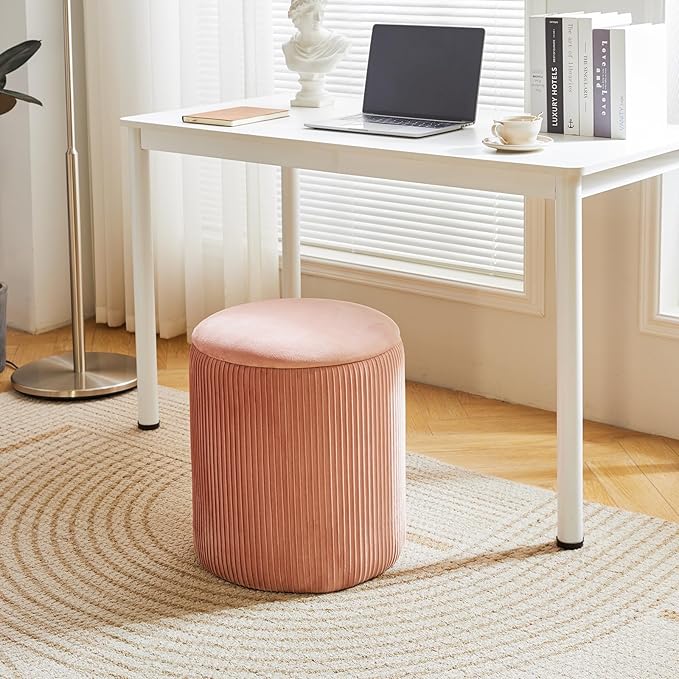 IBUYKE Round Ottoman with Storage Set of 2 Boucle Ottoman End Table for Living Room Vanity Stool Velvet Footrest Stool Bar Stool Pink UWBD005P