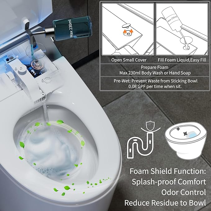 Smart Toilet with Bidet Built in,One Piece Toilets with Tank,Dual Auto Flush,Foam Dispenser,Deodorization,Foot Sensor,Blackout Flush,Heated Seat,Warm Water,Bidet Toilet for Modern Bathroom,Night Light