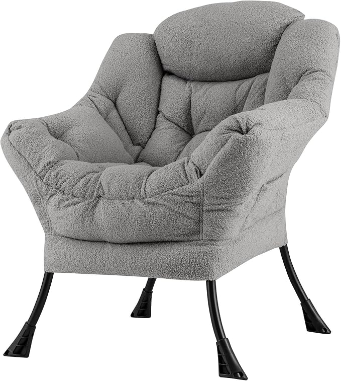 GORELAX Modern Lazy Chair,Upholstered Lounge Accent Chair, Single Leisure Sofa Chair with Armrests & Side Pocket, Comfy Reading Chair for Bedroom, Living Room, Dorm Room (Plush Grey)