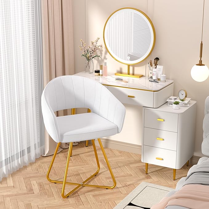 VECELO Velvet Accent Chair Set of 2, Luxury Vanity & Dining Chair with Gold Cross Base, 360°Swivel Upholstered Armchair for Living Room, Bedroom, Home Office, Pearl White
