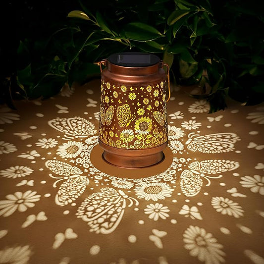 2 Pack Butterfly Solar Lanterns Outdoor Waterproof Sunflower Garden Decor Birthday Gifts for Women Mom Grandma Hanging Solar Lights Metal Lantern Decoration Outside for Porch,Patio,Yard,Backyard