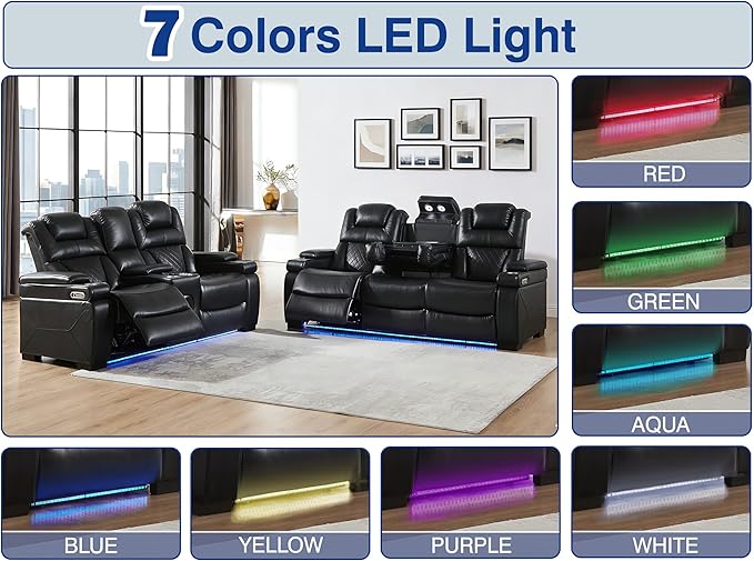 THSUPER Power Breathable Leather Reclining Sofa and Loveseat Set with 7-Color LED Light, Living Room Recliner Couch Set with Adjustable Headrest/Reading Light/USB Port/Bluetooth Speaker, Black