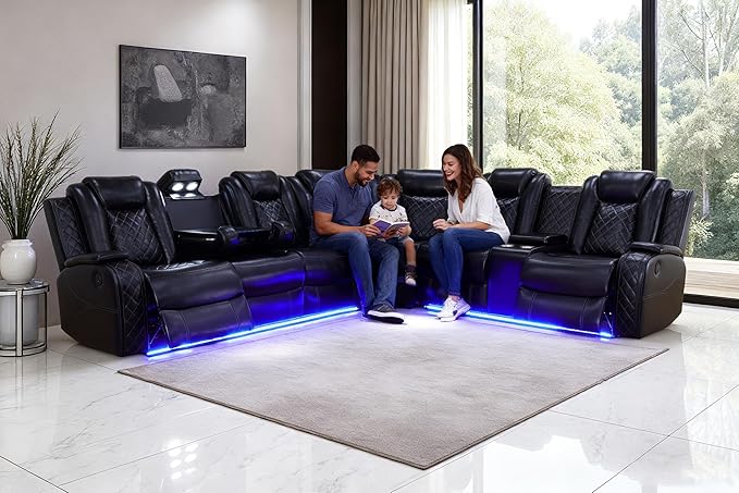 Power Recliner Sectional Sofa with LED Light for Living Room, Black Leather Reclining Sofa Corner Sectional Couches Set, Cup Holder, Storage Console for Home Theater Seating