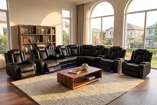 Power Reclining Sectional Sofa Set with LED, Living Room Furniture Sets, Leather Recliner Couch for Living Room/Home Theater, Sectional Couch and Chair with 4 Recliners, USB Port/Hide-Away Storage