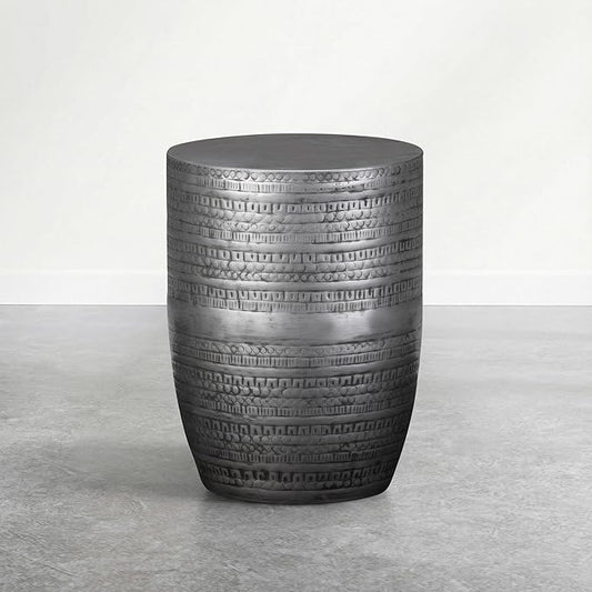 SIMPLIHOME Johnsen Tribal Accent Table – 15 inch Wide Round Metal Drum Side Table in Distressed Nickel, Boho Industrial Accent Table for Living Room with Embossed Tribal Pattern, Assembled