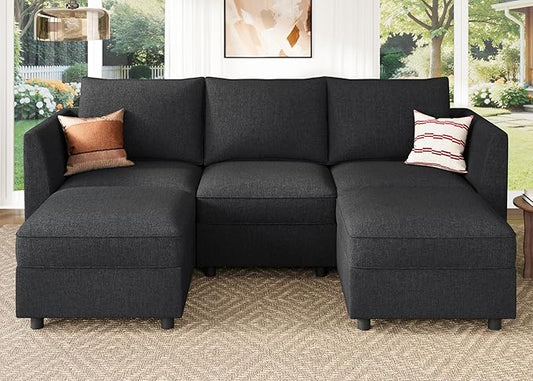 HONBAY Modular Sectional Sofa with Storage U Shaped Sectional Sofa, Convertible Couches for Living Room - Linen Grey