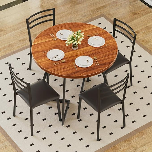 VECELO Round Dining Table Set for 4, Wood Tabletop & Heavy-Duty Steel Frame, 5-Piece Dinette with Chairs for Kitchen, Breakfast Nook, Walnut & Black