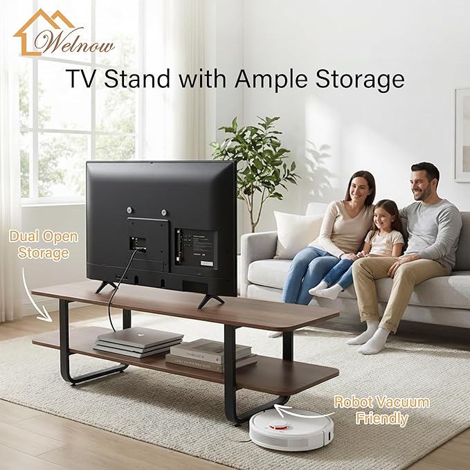 Welnow Walnut TV Stand for 65" TV, Mid Century Modern Entertainment Center with 2-Tier Open Shelves, Versatile Modern TV Console & Table for Living Room & Gaming