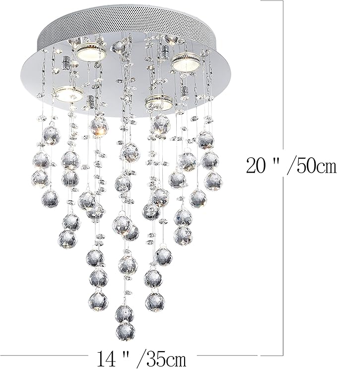 Bestier Modern Crystal Round Raindrop Chandelier Lighting Flush Mount LED Ceiling Light Fixture Pendant Lamp for Dining Room Bathroom Bedroom Livingroom 4 GU10 Bulbs Required 14 in Wide 20 inch High