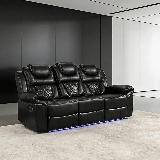 ERYE 83-Inch Oversized Manual Reclining Sofa with LED Strip and Cupholders for Living Room Home Theater, Multifunctional Faux Leather 3 Seaters Manual Recliner Couches | Charging Station, Cup Holder, LED Light Strips