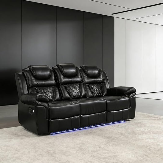 ERYE 83-Inch Oversized Manual Reclining Sofa with LED Strip and Cupholders for Living Room Home Theater, Multifunctional Faux Leather 3 Seaters Manual Recliner Couches | Charging Station, Cup Holder, LED Light Strips