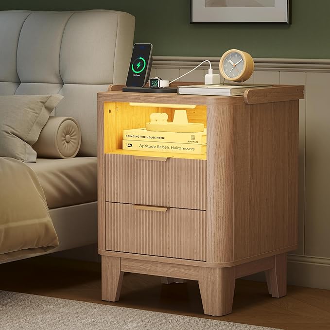 Night Stand with Charging Station, Fluted NightStand with LED Light and 2 Drawers, Wood Bedside Table with Open Storage, Modern