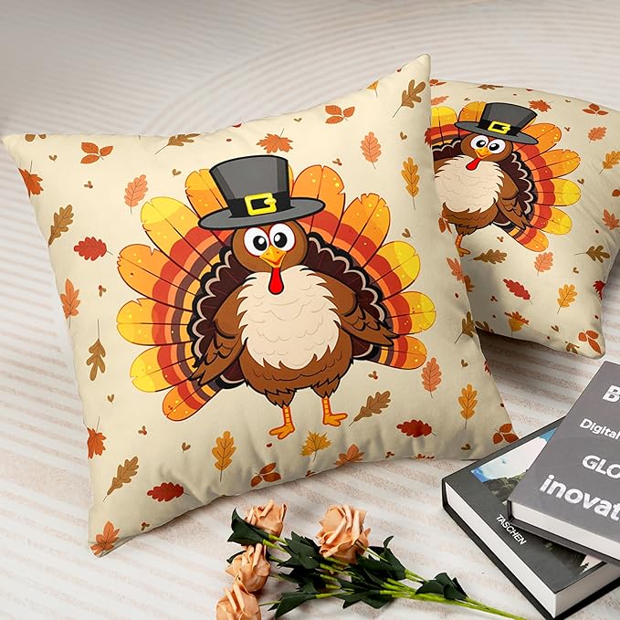 Thanksgiving Pillow Covers 16x16 Set of 2 Turkey with Maple Leaves Throw Pillow Covers Square Cotton Blend Pillow Case Thanksgiving Decorations for Living Room Couch