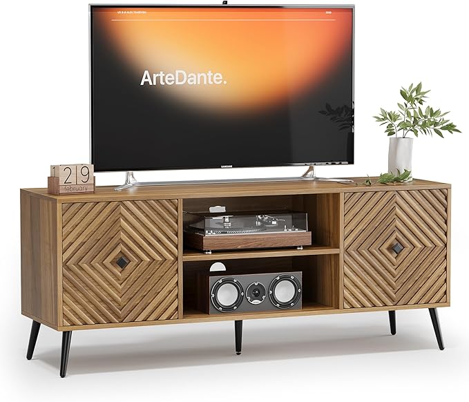 55.2" TV Stand for TVs up to 65 Inch, Entertainment Center with Storage and Adjustable Shelves, Modern Media Console for Living Room, Walnut