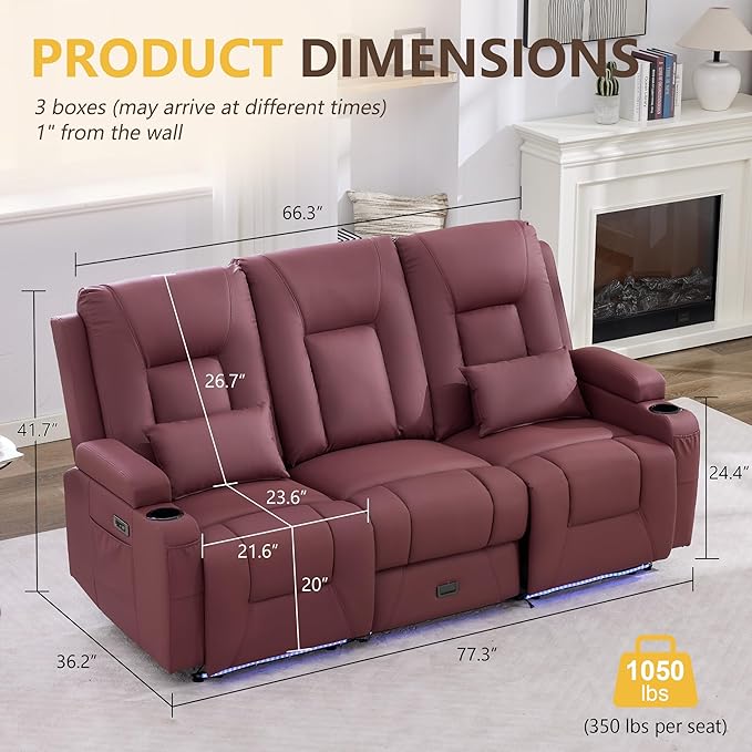 URRED Power Loveseat Recliner Sofa with Console, Wall Hugger Reclining Loveseat RV Couch with LED Light, 150° Zero Gravity Recliners Modular Couches for Living Room (Red, 77.3'' - 3 Seats)