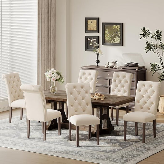 Upholstered Tufted Dining Room Chairs Set of 6, Parsons Kitchen Chairs with Padded Seat and Solid Wood Legs, Fabric Accent Side Diner Chair for Dining Room/Kitchen/Living Room, Beige