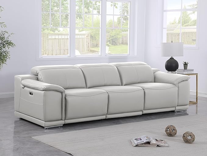 BlackJack Furniture Venice Top Grain Italian Leather Dual Power Recliner Sofa - 107" Theater Seating Modern Couch for Living Room Apartment Home with Adjustable Headrests & USB Port, Light Grey