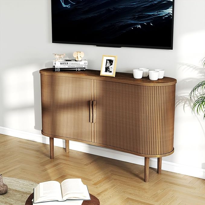 Mid-Century Modern Sideboard Buffet Cabinet, 55" Storage Cabinet with 4 cabinets, Decorative Fluted Sliding Doors for Bedroom Dining Room Small Space, Walnut Finish, Walnut