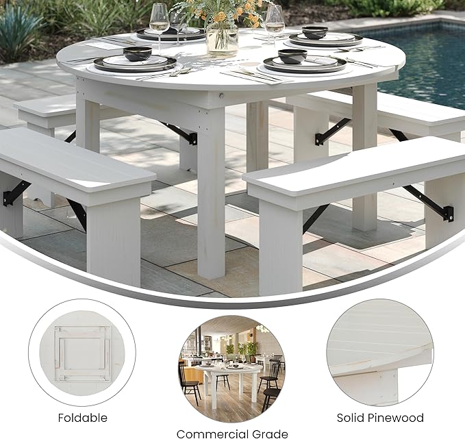 Flash Furniture Hercules Commercial Round Farmhouse Folding Table, Antique Rustic Solid Pine Dining Room Table, Foldable Locking Legs, 60" Diameter, White