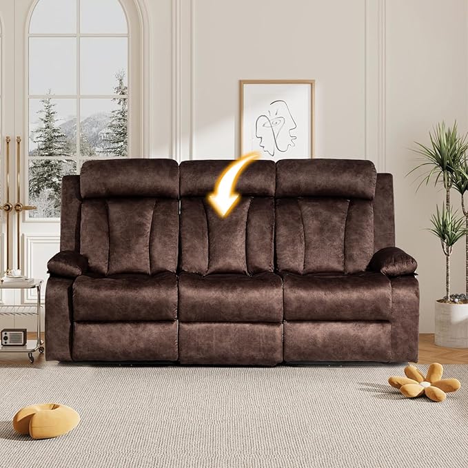 Electric Power Reclining Sofa w/Flipped Middle Backrest & Cup Holders, Power Recliner Couch w/Massage & Heat, Spacious 3-Seater Couch for Living Room Comfort (Brown)