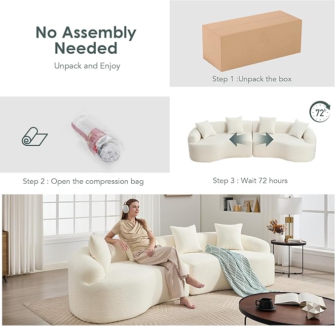 110" Oversized Cloud Sectional Sofa Modern Curved Boneless Couches for Living Room, 4-Seater Extra Deep Seat Foam Floor Compressed Couch w/Tight Backrest and 4 Pillows,Chenille Sofa & Couches | Breathable material, Non-slip, No Assembly Required