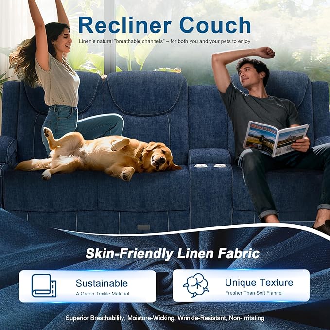 Dresegmt Recliner Sofa, 2 - Way Multi - Function Manual 3 Seater Couch with Cup Holders, Storage & USB Ports, Modern Multifunctional Sofa, Cloud-Like Blue Fabric Reclining Couch for Living Room