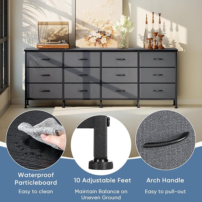 DUMOS TV Stand for Bedroom with Storage TV Stands for Living Room Grey, 12 Drawer Dresser Farmhouse Entertainment Center for up to 80 Inch TVs, Media Console Table with Metal Frame Adjustable Feet