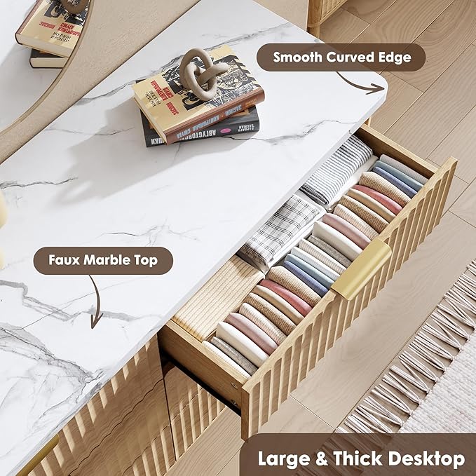 Garvee 6 Drawers Dresser for Bedroom, 47.2" Wide Dressers with Curved Profile Design, Fluted Wood Drawers with Gold Handle, Modern Chest of Dressers with Thickened Design for Living Room, Natural