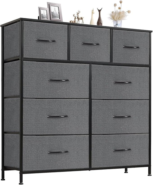 Sweetcrispy 9 Drawer Fabric Dresser Tall Chest Storage Organizer Tower with Cabinet Metal Frame and Wood Top Lightweight Closet Furniture for Bedroom,Charcoal Grey