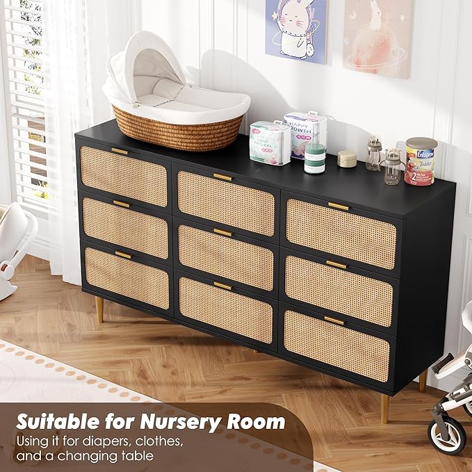 GarveeHome Rattan 9 Drawer Dressers for Bedroom, Tall Dresser with Deep Drawers, Large Chest of Drawers for Closet with Wide Top, Long Wooden Dresser for Living Room, Hallway, Kids Room, Black