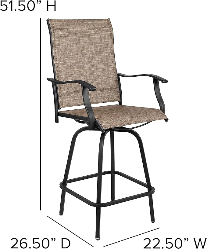 Flash Furniture Valerie Patio Bar Height Stools Set of 2, All-Weather Textilene Swivel Patio Stools with High Back & Armrests in Brown