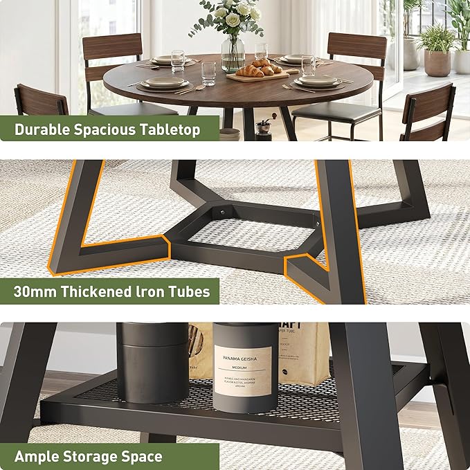 Round Dining Table for 4-6 with Storage Shelf, Kitchen & Dining Room Circle Pedestal Table, Heavy Duty Metal Frame & Wood Top