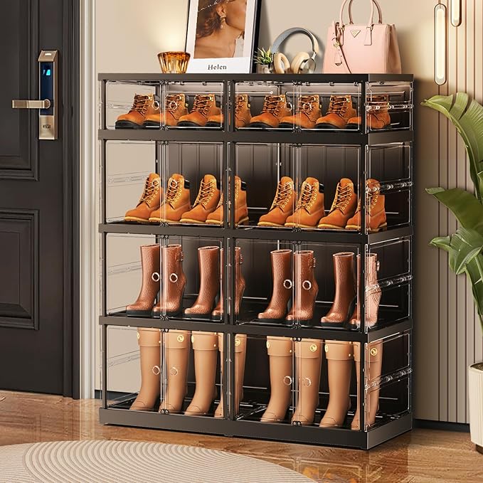 4-Tier Foldable Shoe Rack for Closet Entryway 8-16Pairs,Stackable Clear Shoe Storage Boxes Organizer with Door Plastic Shoe Cabinet Bins with Lids Shoes Shelf Easy Assembly Large Black