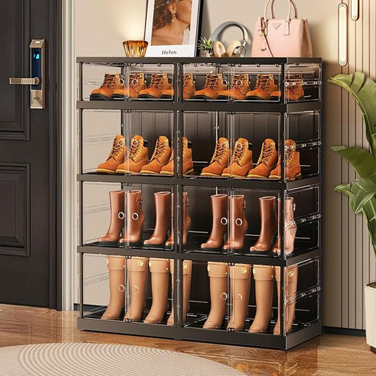 4-Tier Foldable Shoe Rack for Closet Entryway 8-16Pairs,Stackable Clear Shoe Storage Boxes Organizer with Door Plastic Shoe Cabinet Bins with Lids Shoes Shelf Easy Assembly Large Black