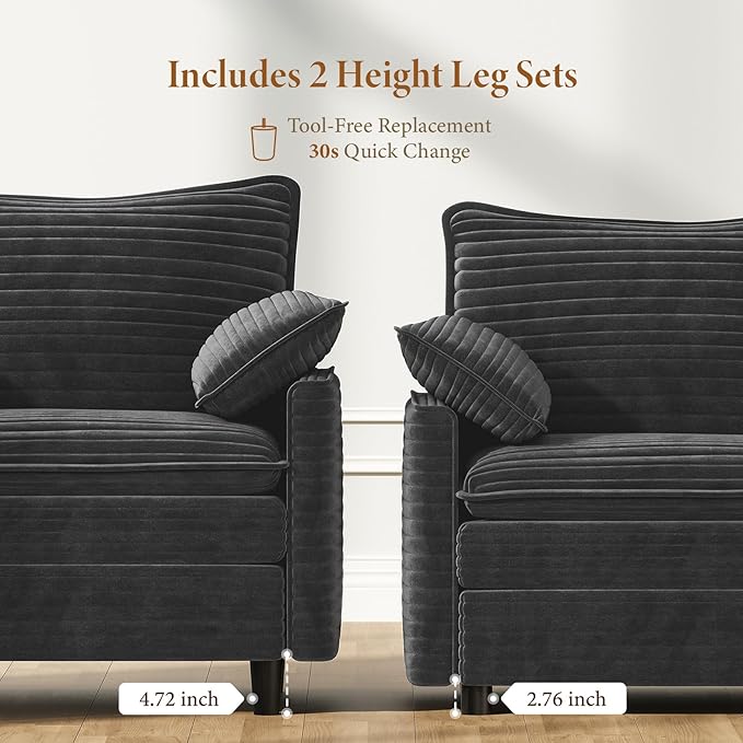 Vesgantti 74" Loveseat Sofa for Living Room, Comfy Cloud Couch Deep Seat Corduroy Modern 2 Seater Small Sofa with Armrest Pillow, Easy Assembly for Small Spaces, Gray | Sink-in Comfort, Height Adjustable, Easy Rearrangement, Extra-deep Ottoman, Solid W...